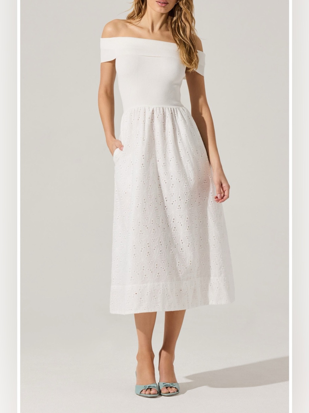 Astr White Off-Shoulder Eyelet Midi Skirt